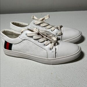 White Sneakers with Red and Black Stripe Brand Fashion
